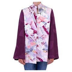 Morphew COLLECTION Giacca di seta Kimono giapponese floreale viola con maniche a tinta unita
