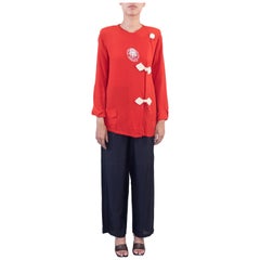 Vintage 1930S Tomato Red Rayon Crepe Asian Styled Lounge Pajamas