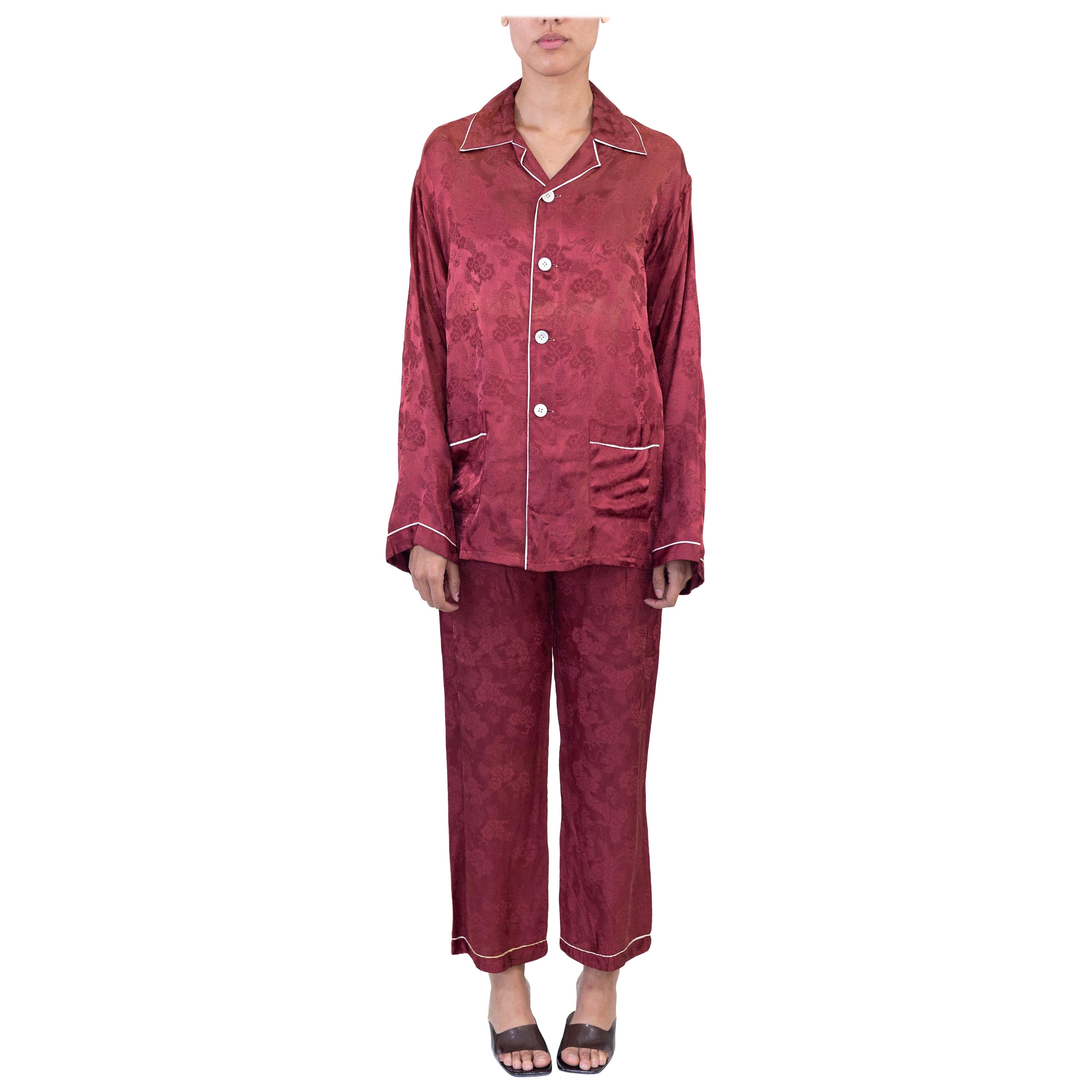 1940S Plaza Kobe Burgundy Rayon Jacquard Mens Pajamas For Sale
