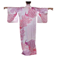 1980S Bubble Gum Pink Silk Peacock Print Kimono