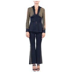 HOLLYWOOD FREDERICKS Schwarz & Gold Metallic Poly/Lurex Strickstreifen Disco P, 1970er Jahre