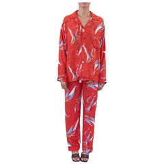 1940S VARSITY Red Cold Rayon Novelty Nautical Dolphin Print Pajamas