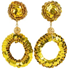 Vintage Oversized Gold Sequin Disco Donut Dangle Clip Earrings