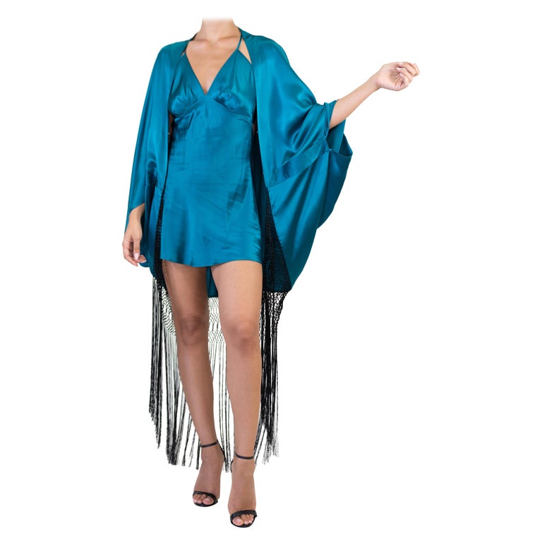 MORPHEW COLLECTION Lyons Blue Silk Charmeuse Cocoon With Fringe at 1stDibs