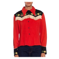 1940S Tomato Red & Black Rayon Western Shirt With Floral Embroidery Fringe