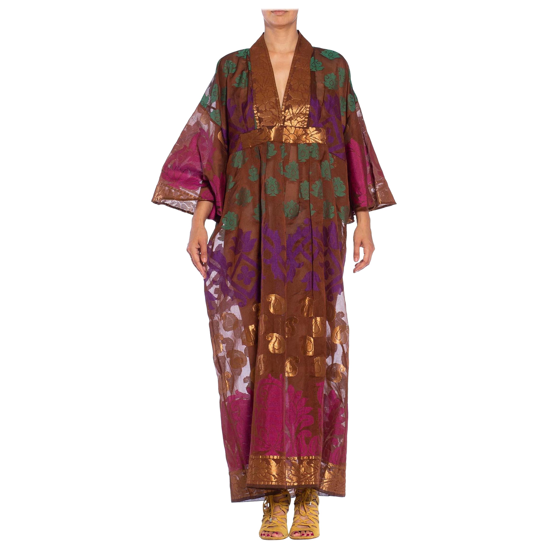 MORPHEW COLLECTION Chocolate Brown Metallic Multi  Silk Kaftan Made From Vintag For Sale