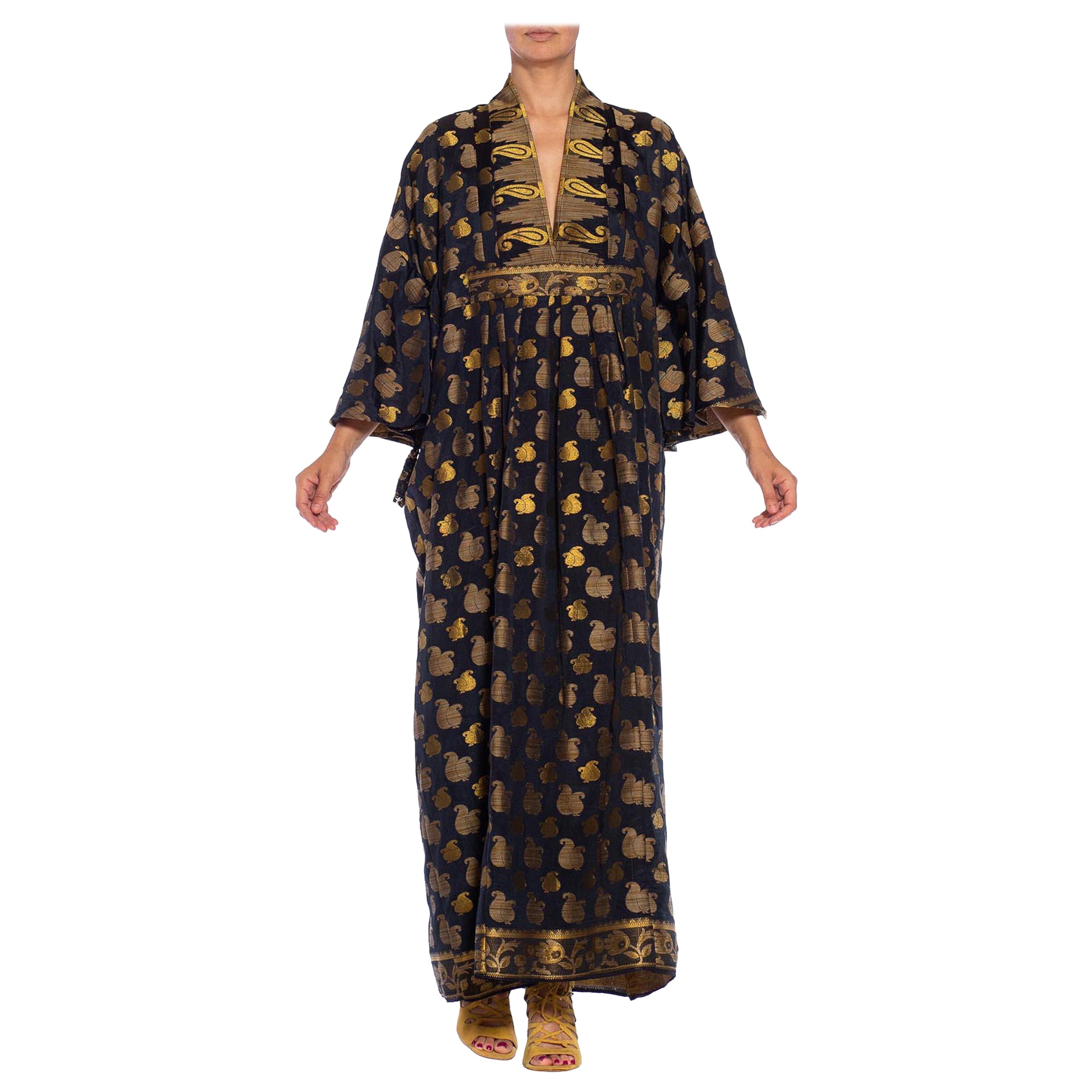 MORPHEW COLLECTION Black & Gold Metallic Silk Kaftan Made From Vintage Saris For Sale