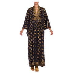 MORPHEW COLLECTION Black & Gold Metallic Silk Kaftan Made From Vintage Saris