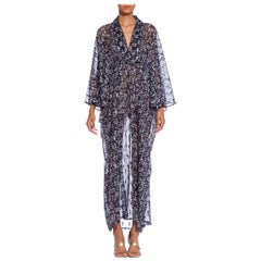 MORPHEW COLLECTION Navy & White Silk Floral Kaftan Made From Vintage Sari