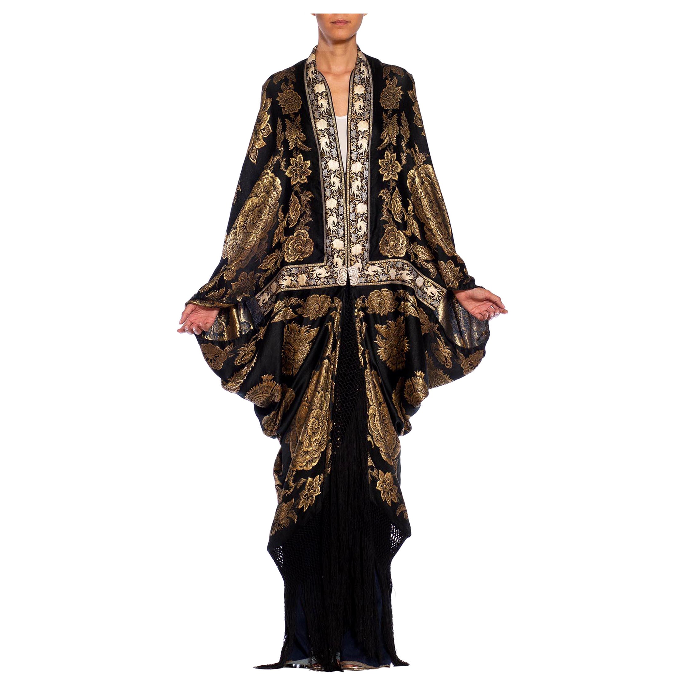 MORPHEW COLLECTION Black, Gold & Cream Metallic Silk Lamé Cocoon With Fringe An For Sale