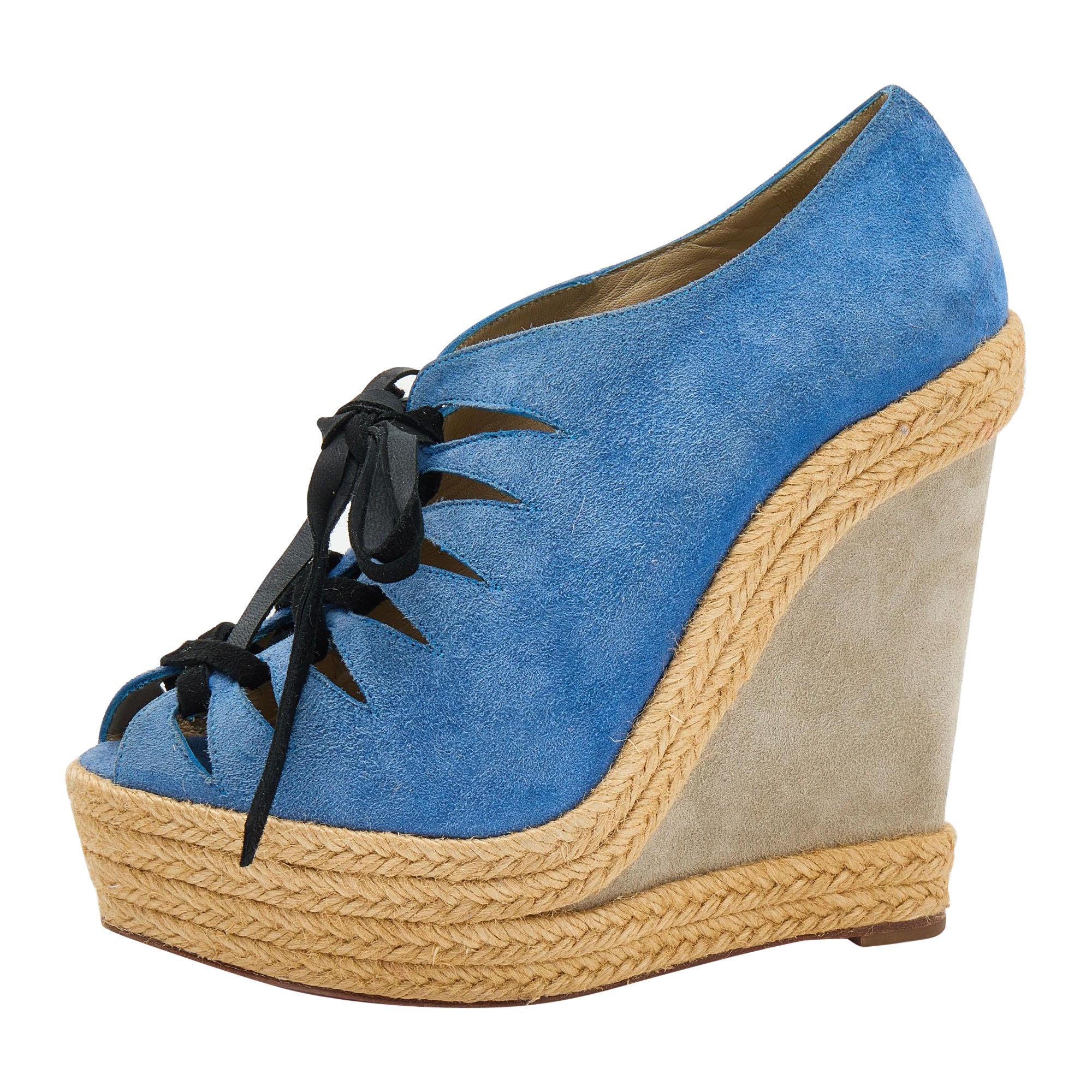 Christian Louboutin Blue/Grey Suede Lace Up Espadrille Wedge Sandals Size 37 For Sale