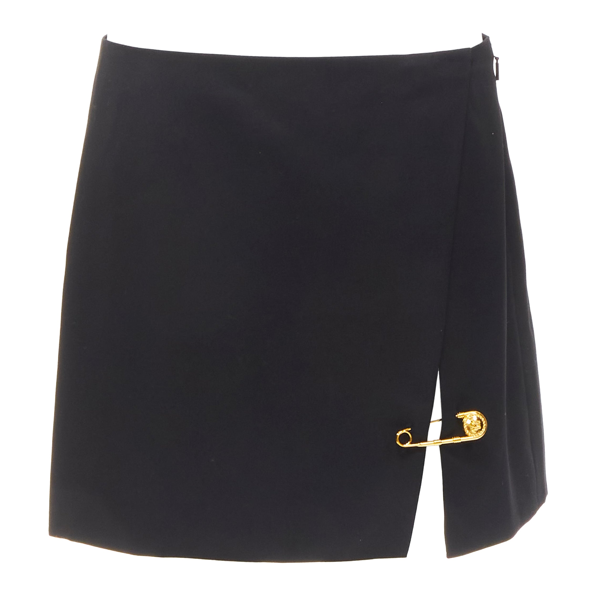 new VERSACE black wool gold Medusa safety pin high slit mini skirt IT42 M