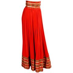 1970's Lanvin Red Silk Evening Skirt with Lavish Embroidered Trim