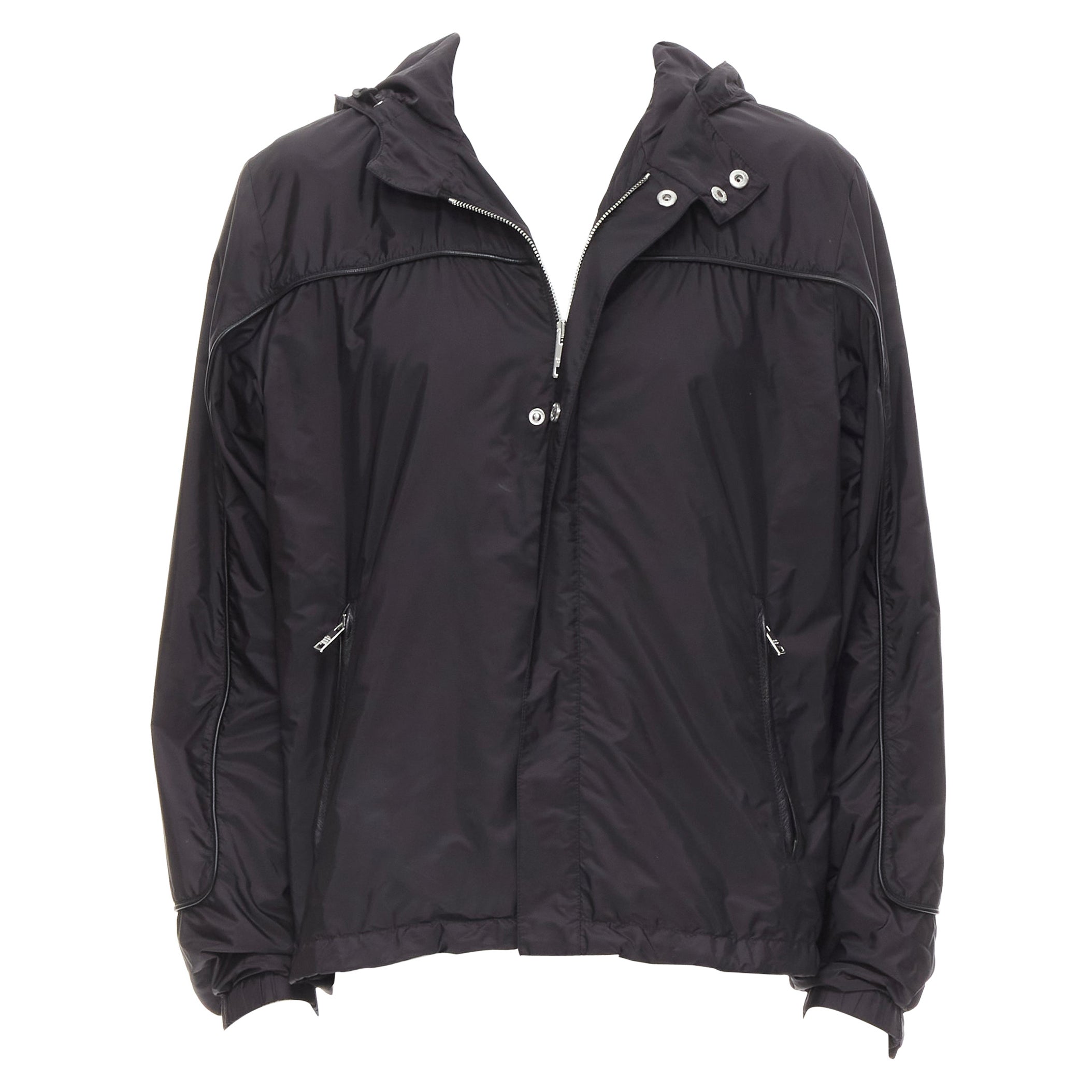 PRADA black nylon leather piping trim triangle seal windbreaker hooded jacket M