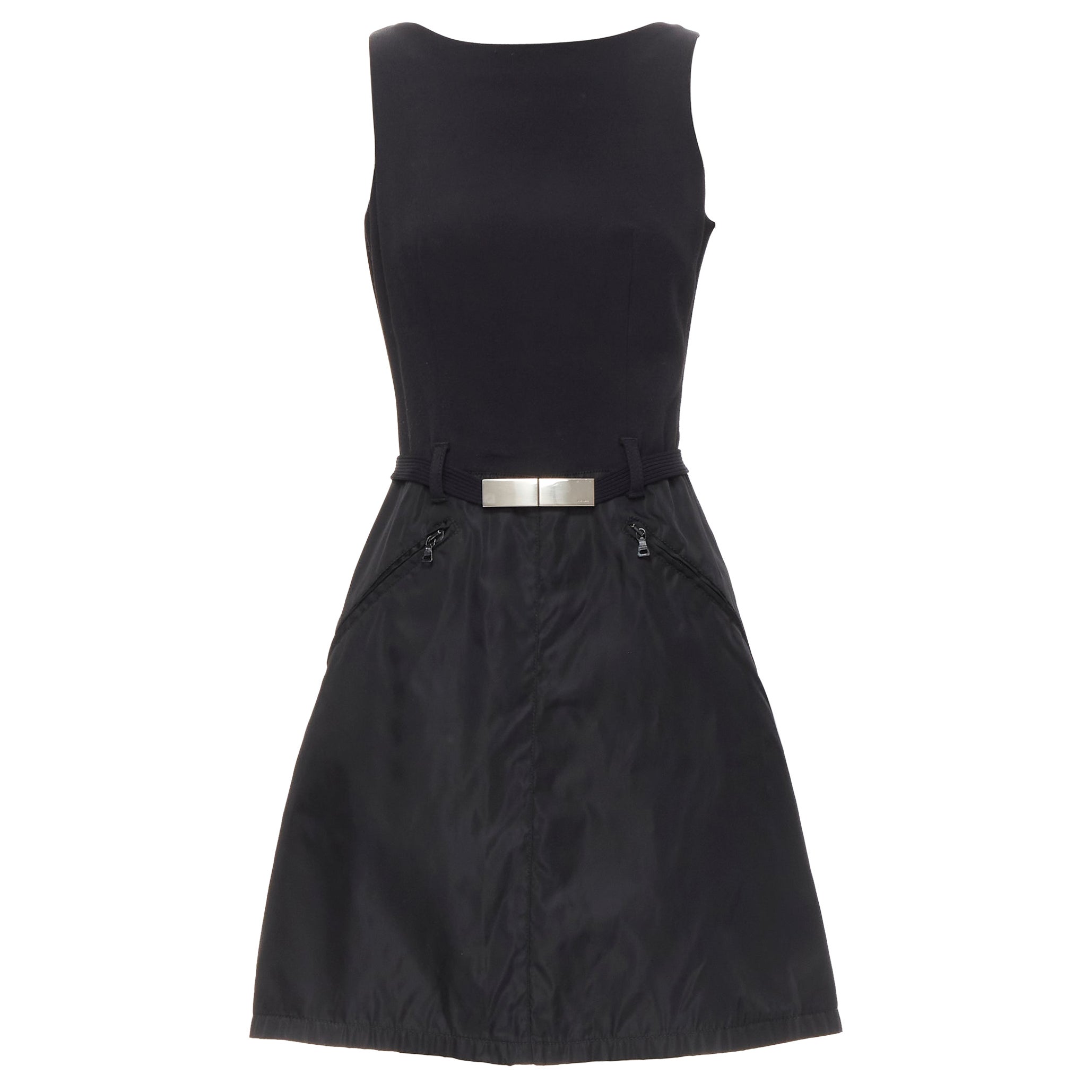 PRADA minimal black metal buckle belted nylon A-line skirt dress S