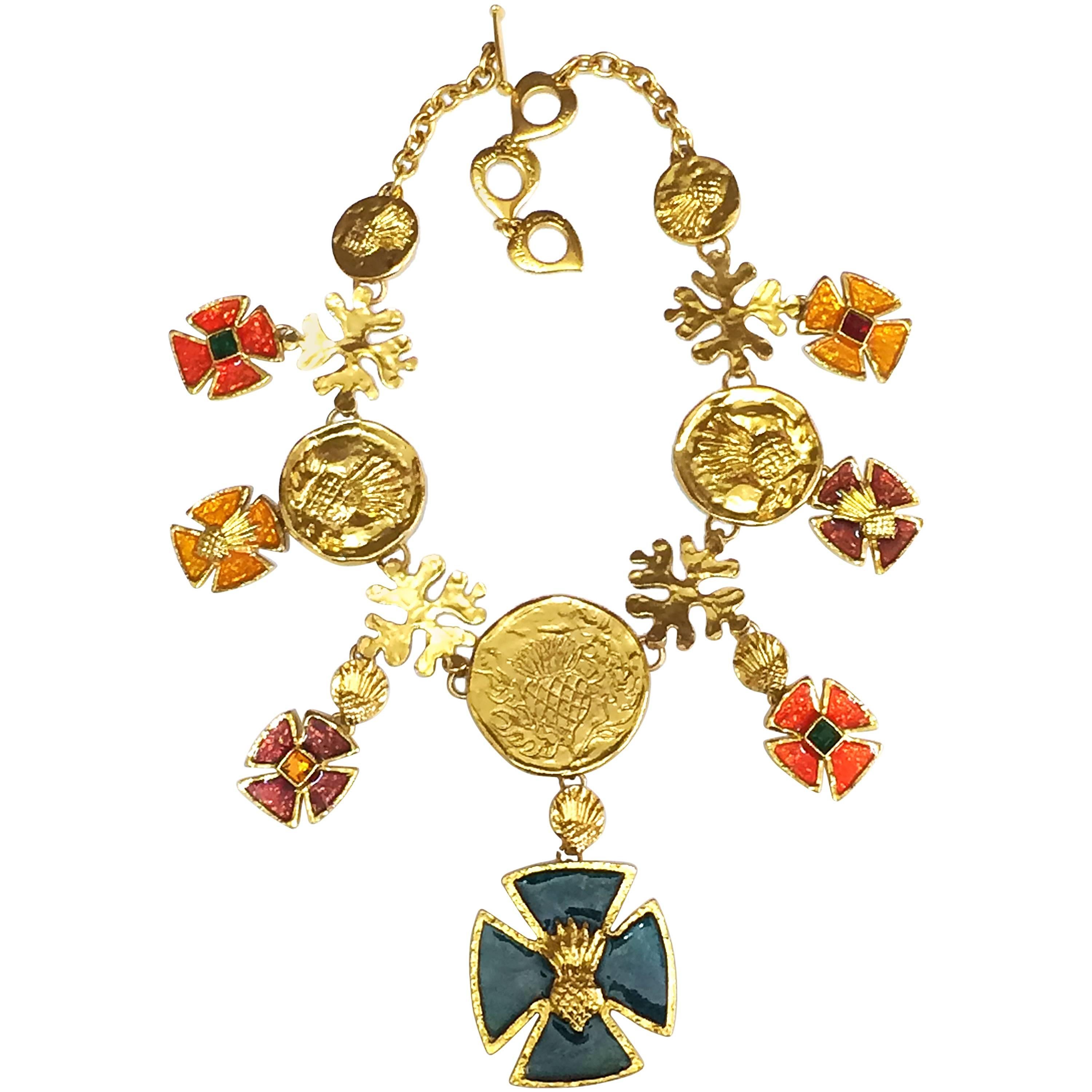 MINT. Vintage Yves Saint Laurent statement necklace with enamel cross charms. For Sale