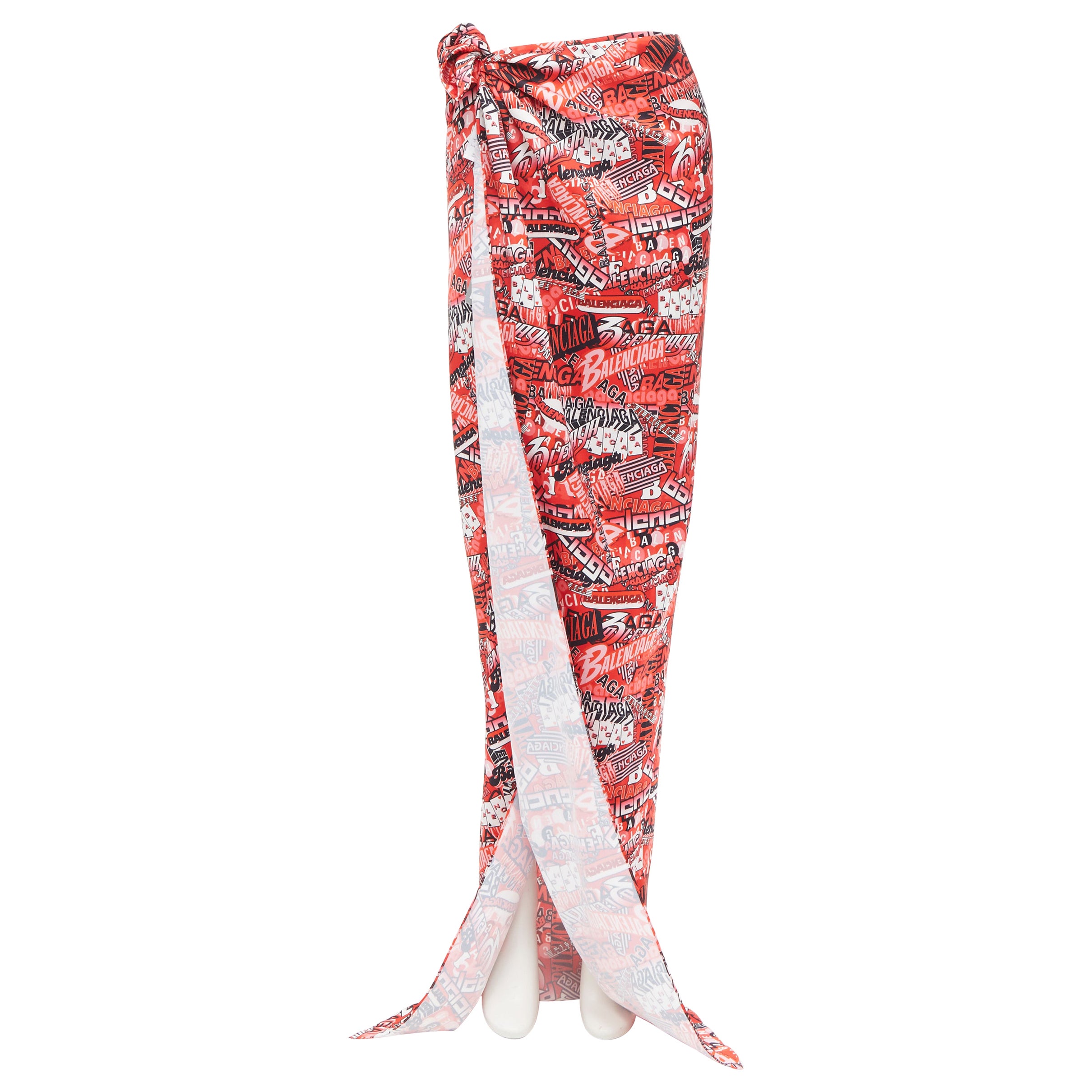 new BALENCIAGA Demna 2019 Runway red logo print wrap tie maxi skirt FR38 M For Sale