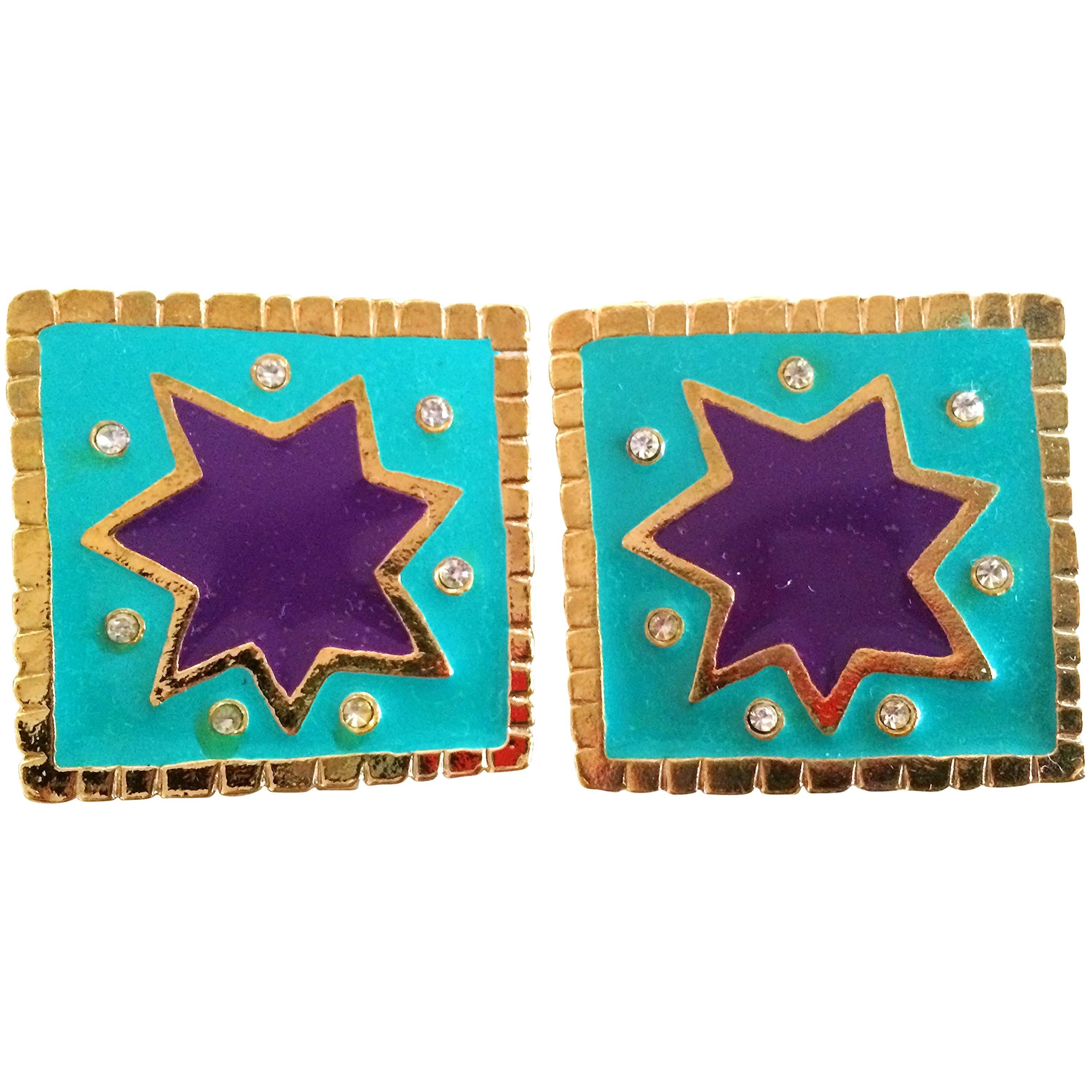 Vintage Christian Lacroix blue and purple enamel large square earrings, crystals For Sale