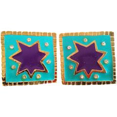 Vintage Christian Lacroix blue and purple enamel large square earrings, crystals