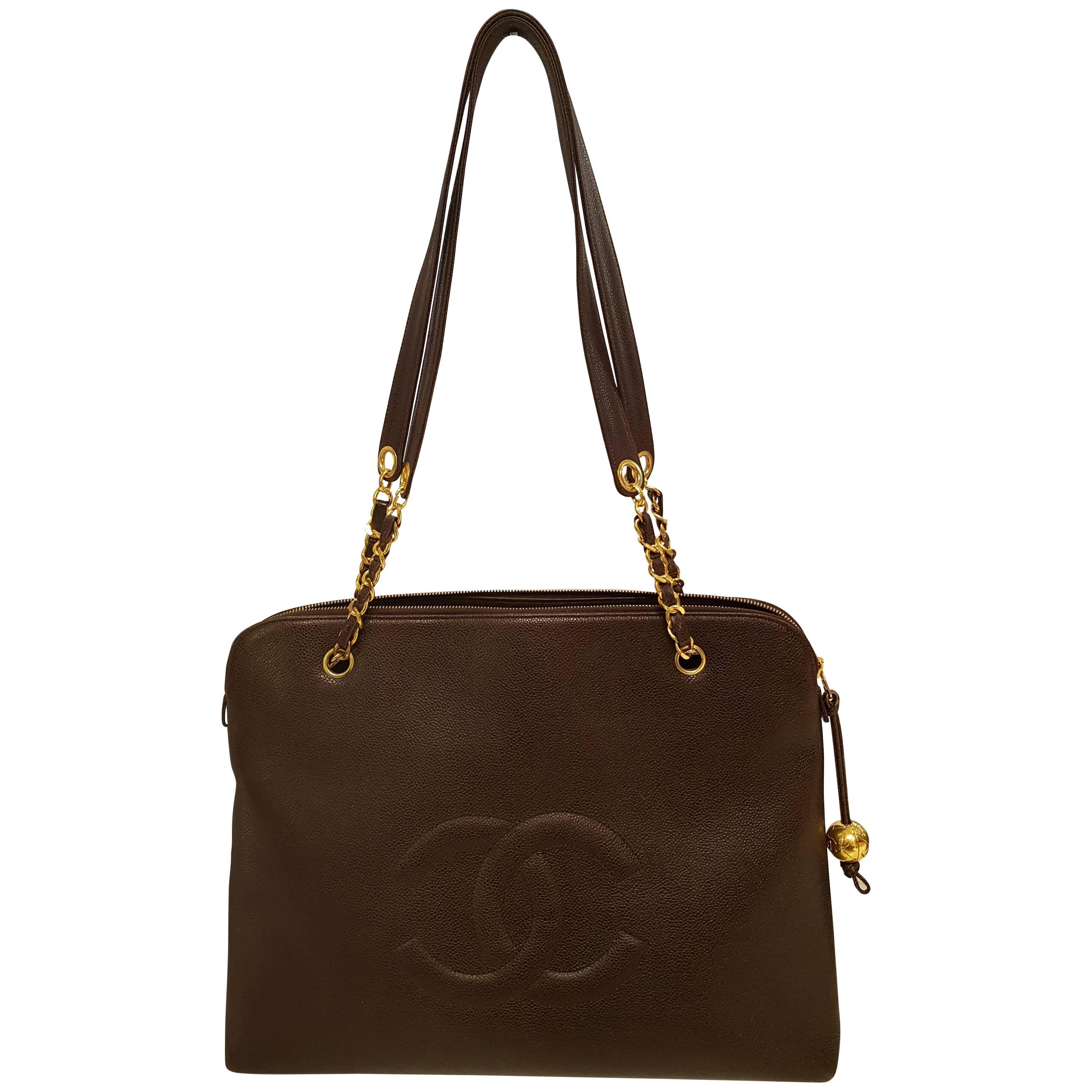 1990s Chanel Embossed Logo Brown Shoulder Bag