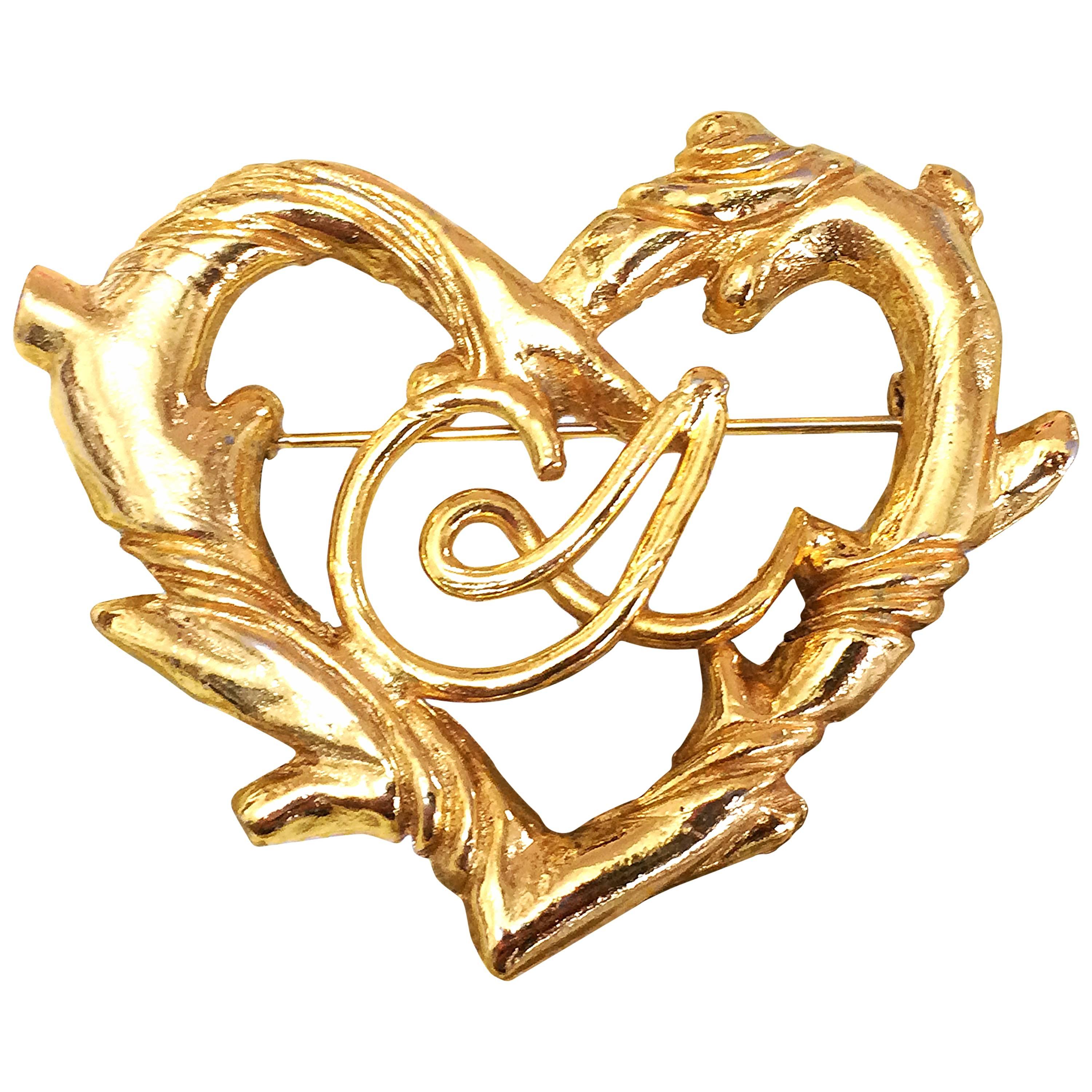 Vintage Christian Lacroix large golden heart and arabesque motif brooch, hat pin For Sale