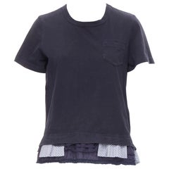 SACAI 2017 navy washed cotton tiered pleated lace trimmed flared tshirt JP2 M
