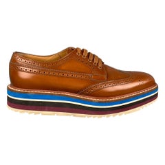 PRADA Size 6.5 Tan Leather Perforated Wingtip Shoes