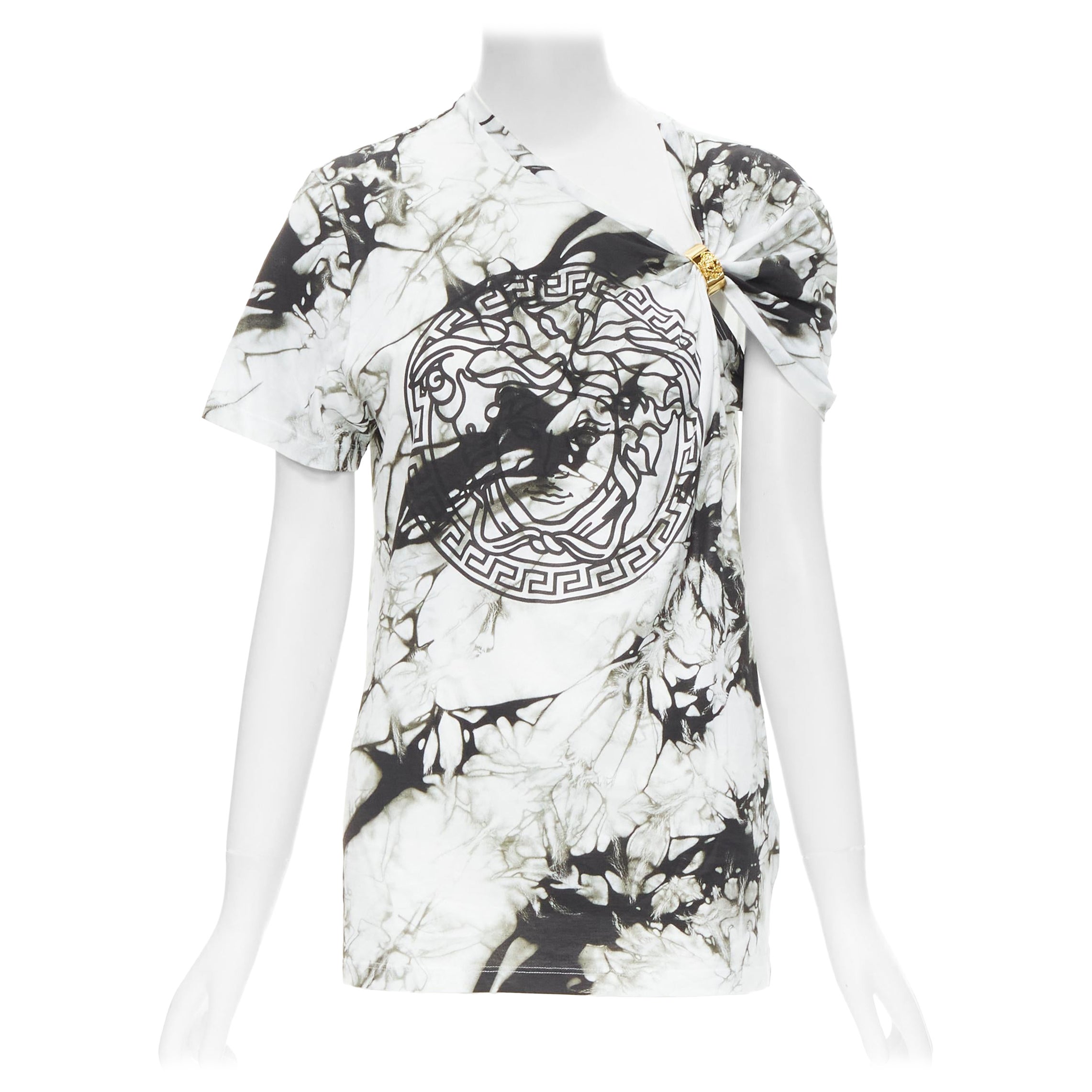 new VERSACE Medusa gold ring marble black white tie dye tshirt IT38 S For Sale