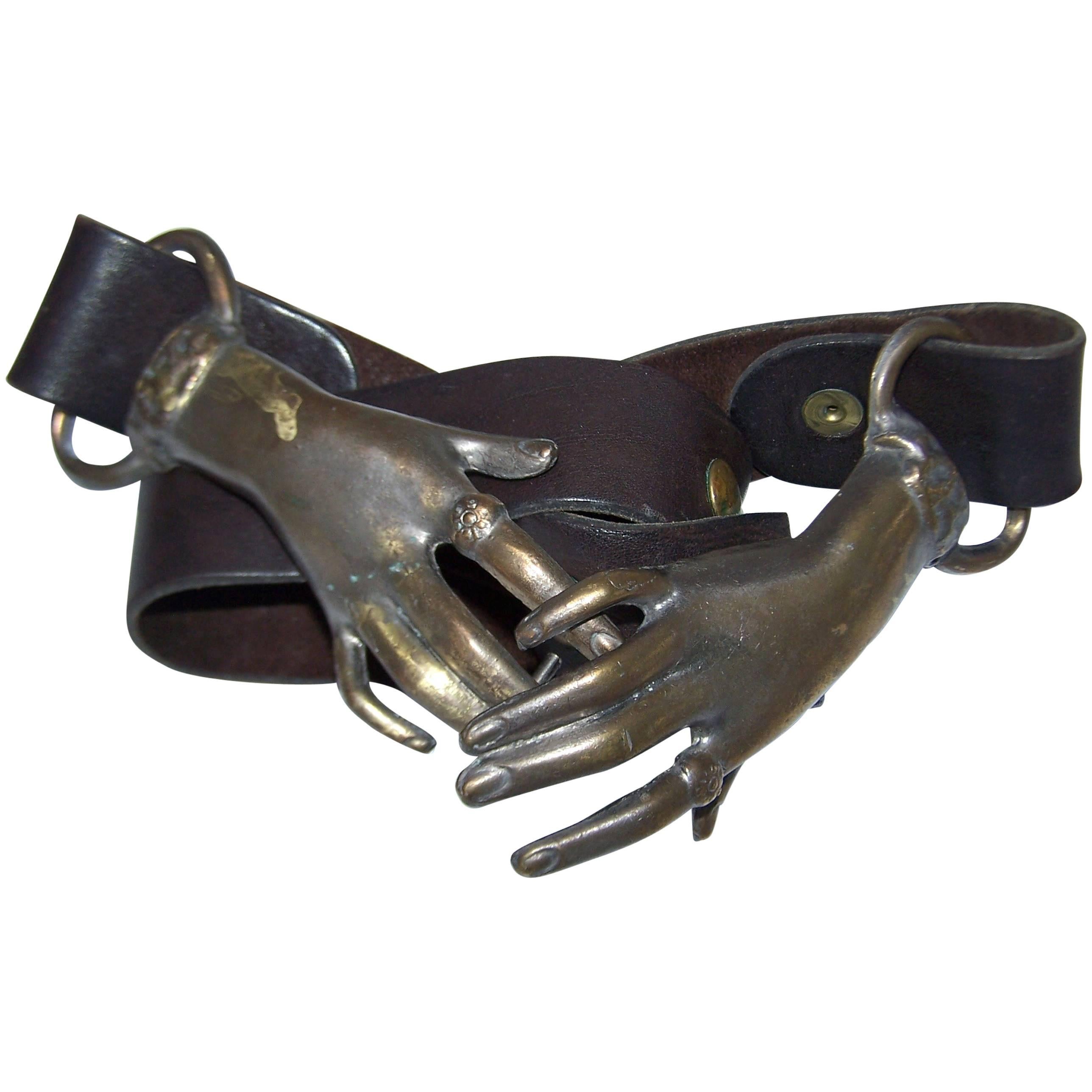 c.1970 Surrealist Antiqued Brass Clasping Hands Belt