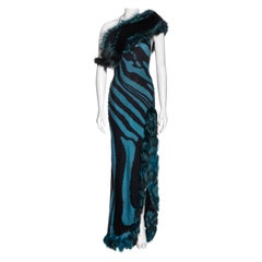 Roberto Cavalli Blaues Abendkleid aus Seide mit Tigermuster und Fuchspelzstecker, fw 2000