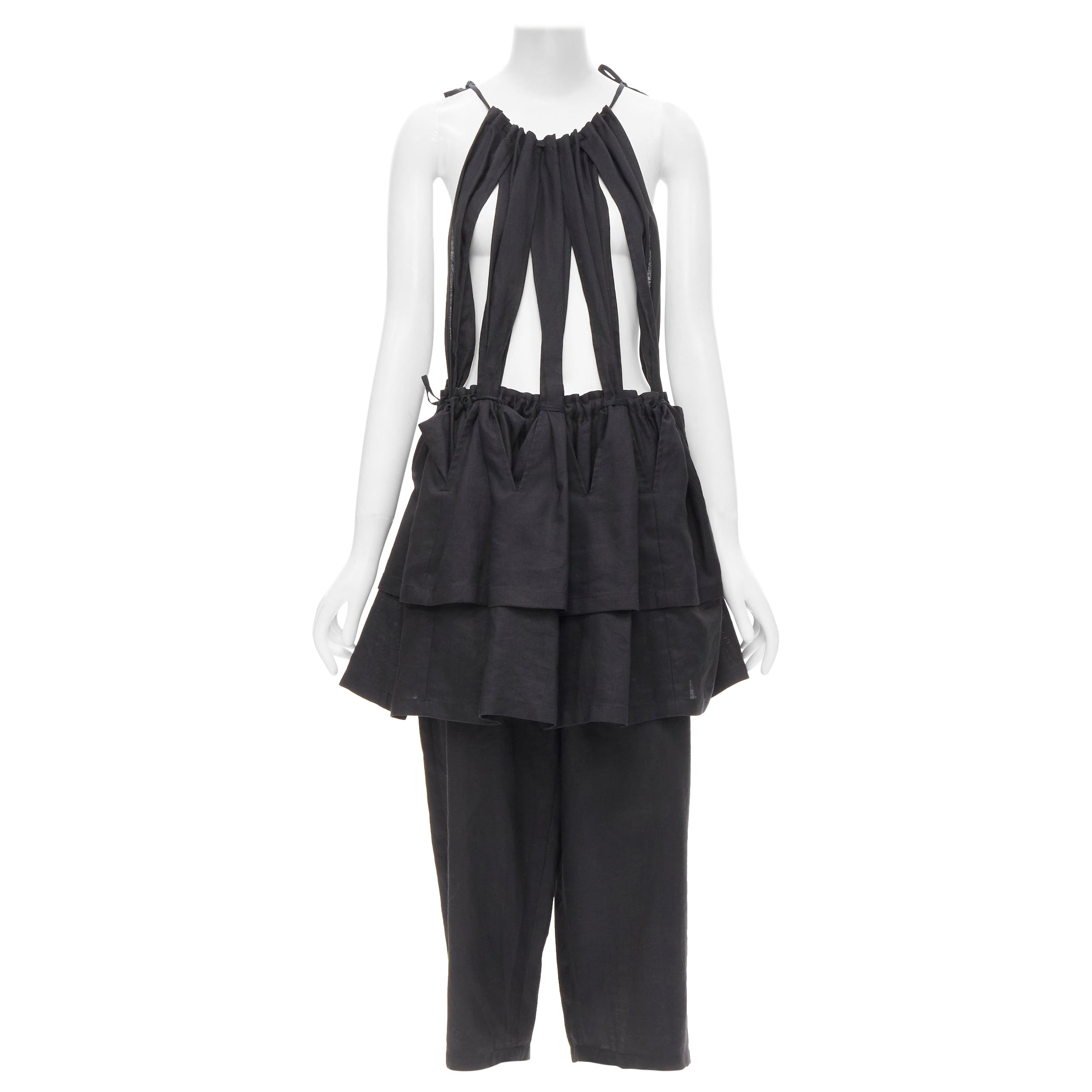 YOHJI YAMAMOTO 1980's Vintage black linen suspender strap peplum jumpsuit S For Sale