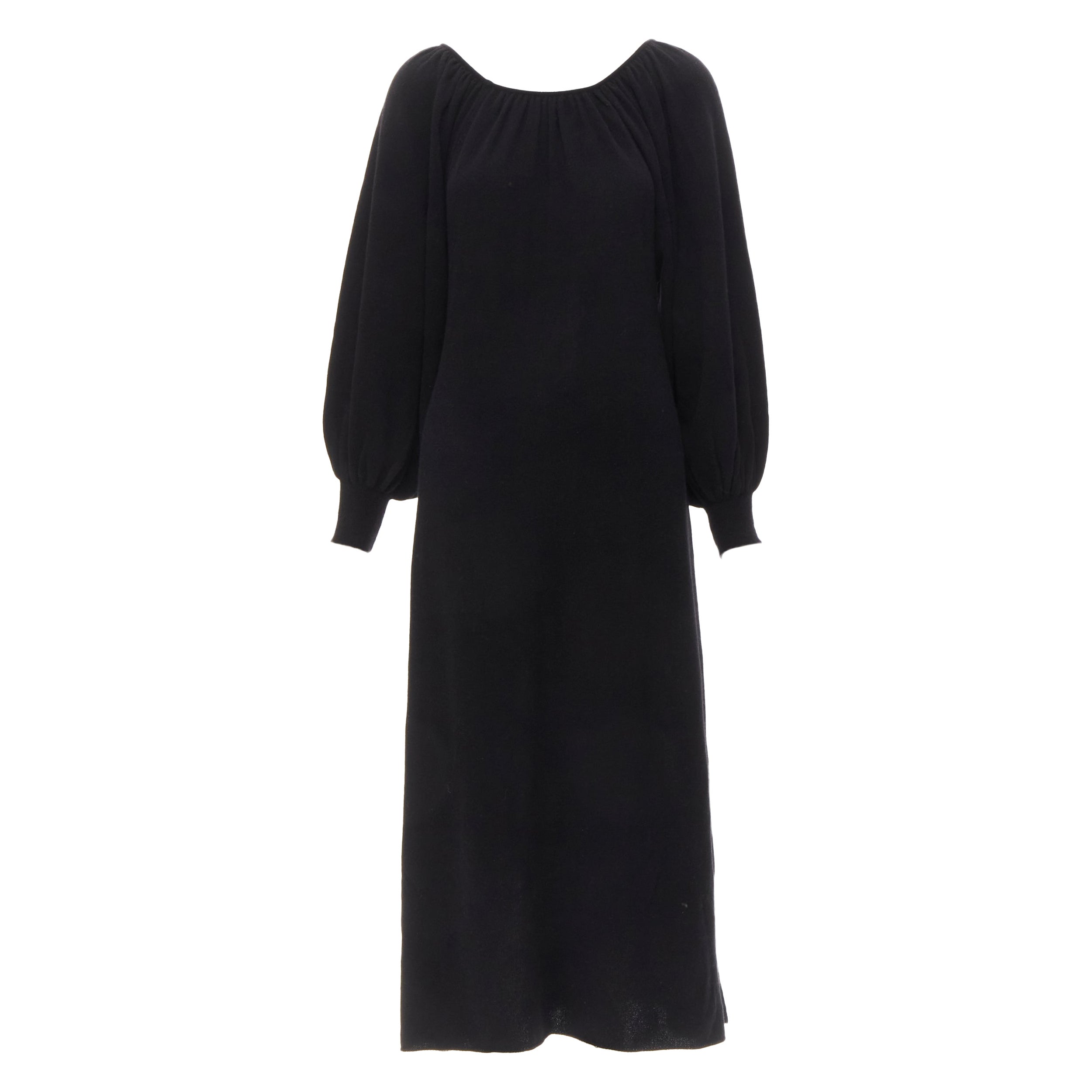 RYAN ROCHE 100% cashmere black pleated collar bubble sleeve midi dress S For Sale