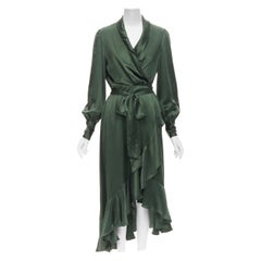 ZIMMERMANN 100% silk dark green ruffle wrap dress JP1 S