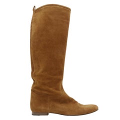 HERMES cognac brown suede round toe pull on riding boots EU38 US8