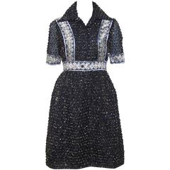 1960s Oscar de la Renta Black Shirt Dress with Metallic 'Caterpillar' Pom Poms