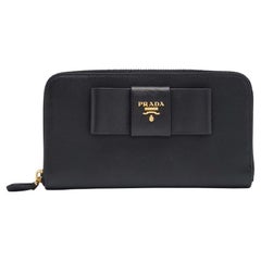 Prada Black Saffiano Leather Bow Zip Around Wallet