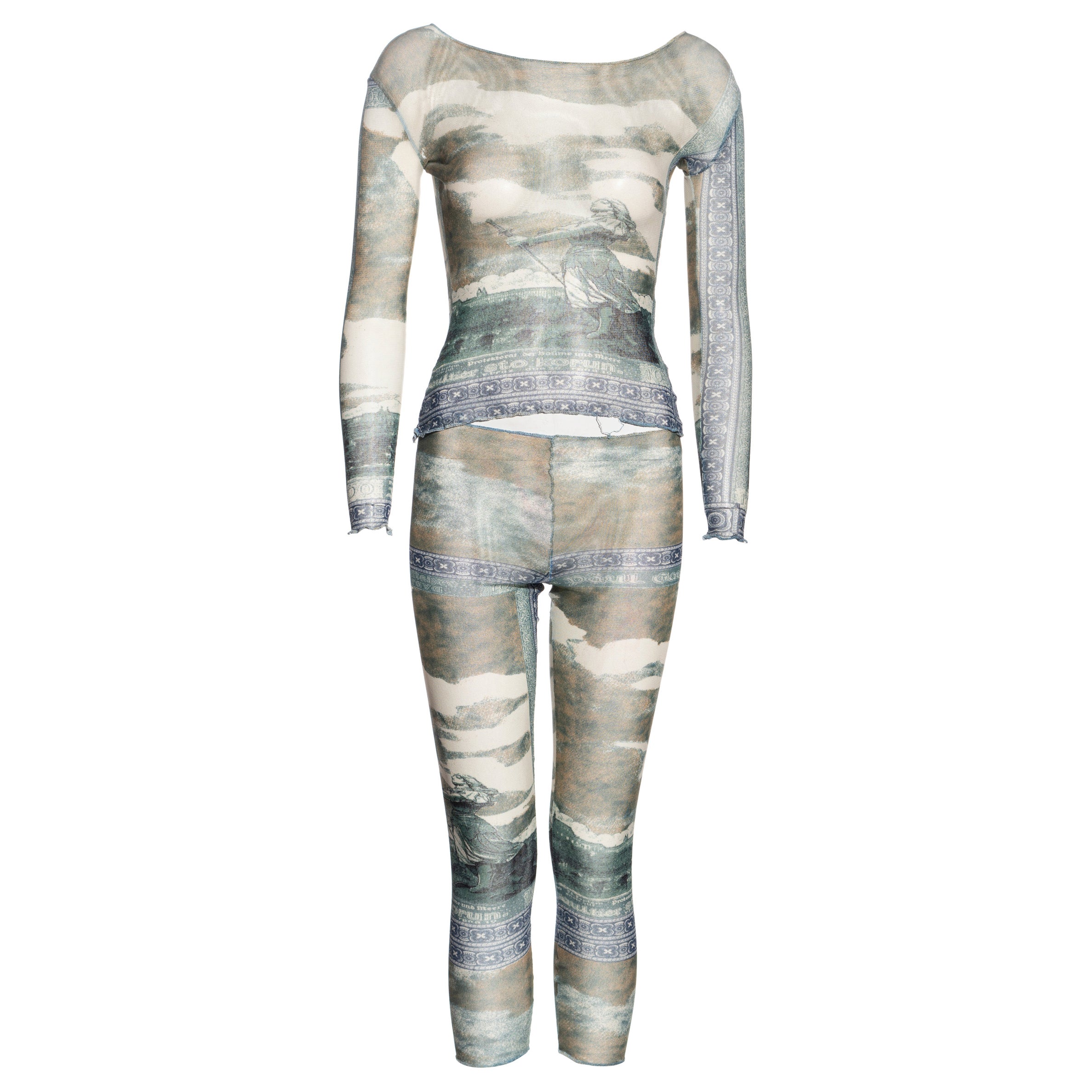 Jean Paul Gaultier tattoo-currency print mesh top and leggings set, ss 1994