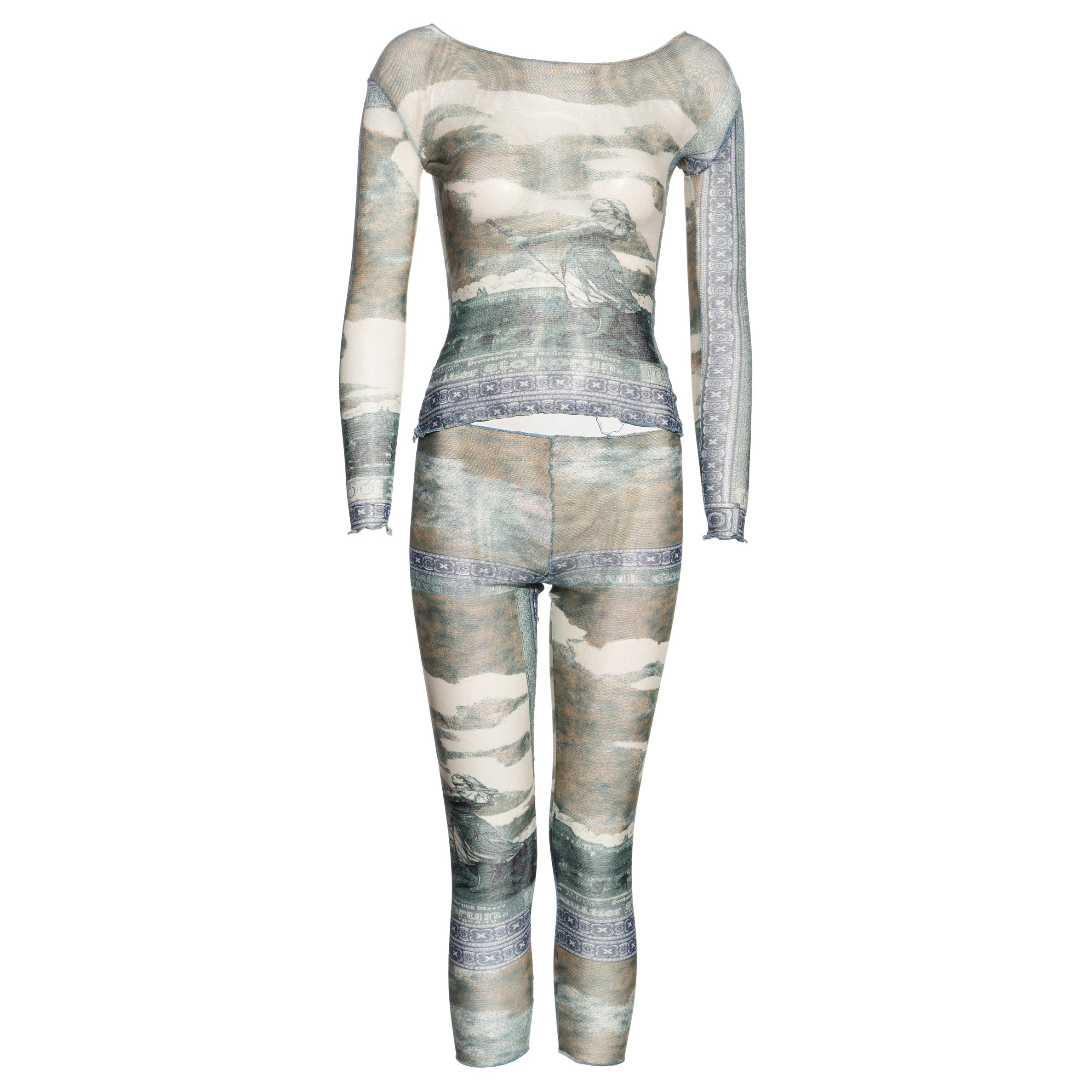 Jean Paul Gaultier tattoo-currency print mesh top and leggings set, ss 1994 For Sale