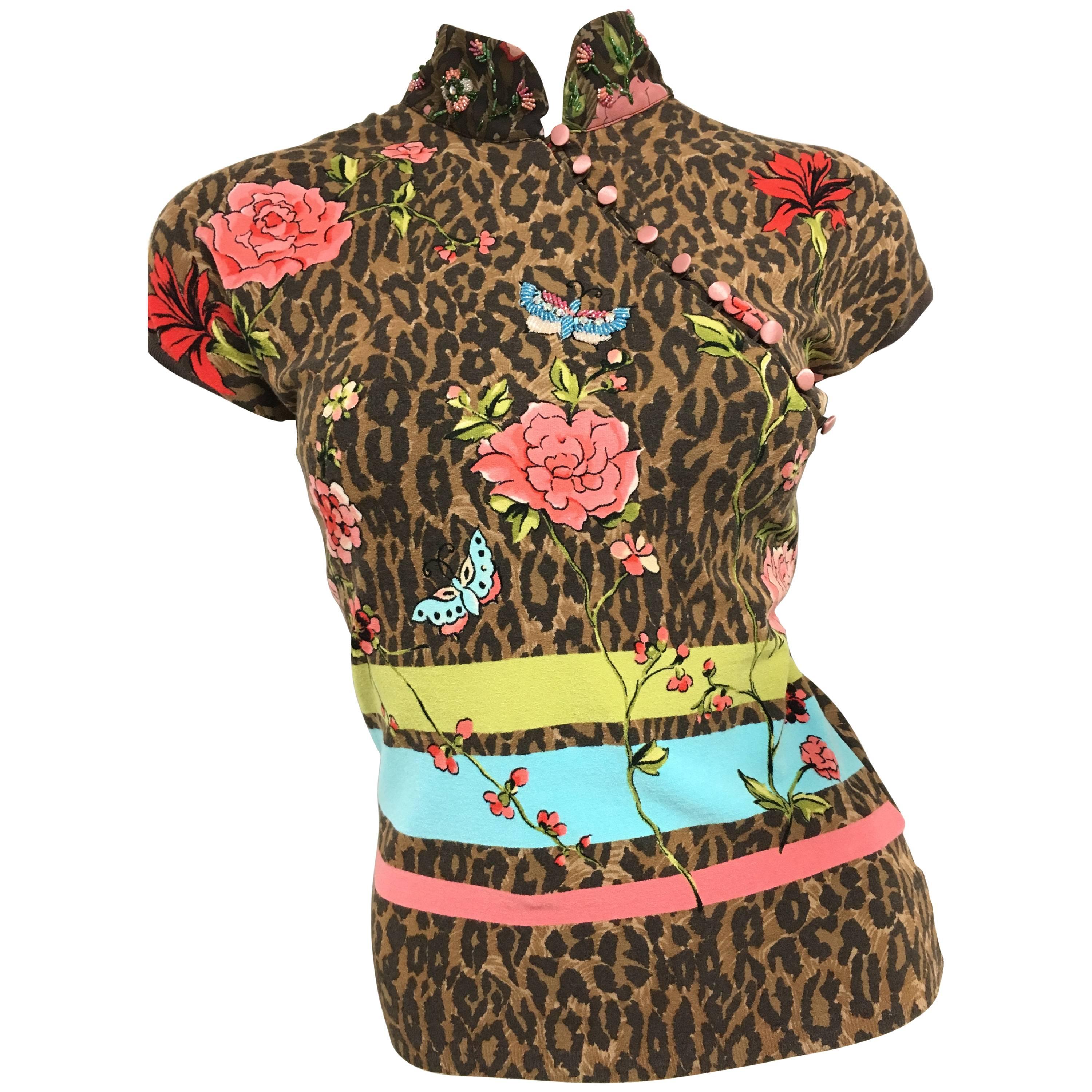 Gorgeous Blumarine Animal and Flower Print Embellished Shirt Top