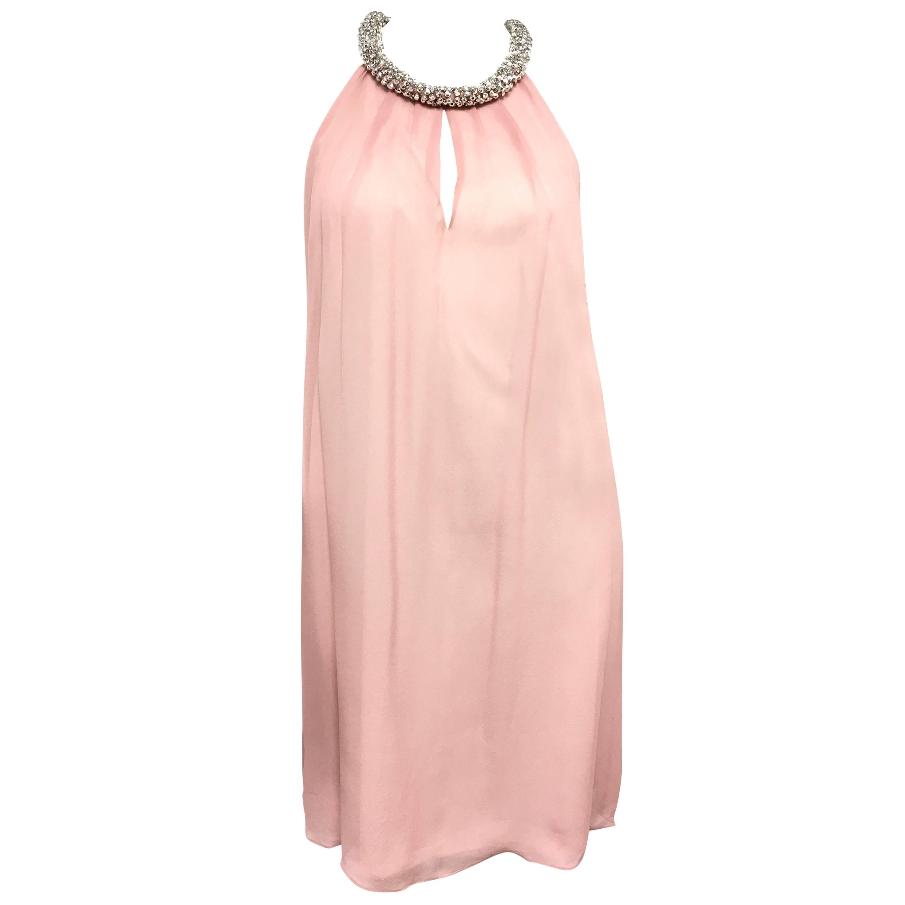 Diane von Furstenberg 'Lainey' Jeweled Halter Blush Silk Shift Dress For Sale