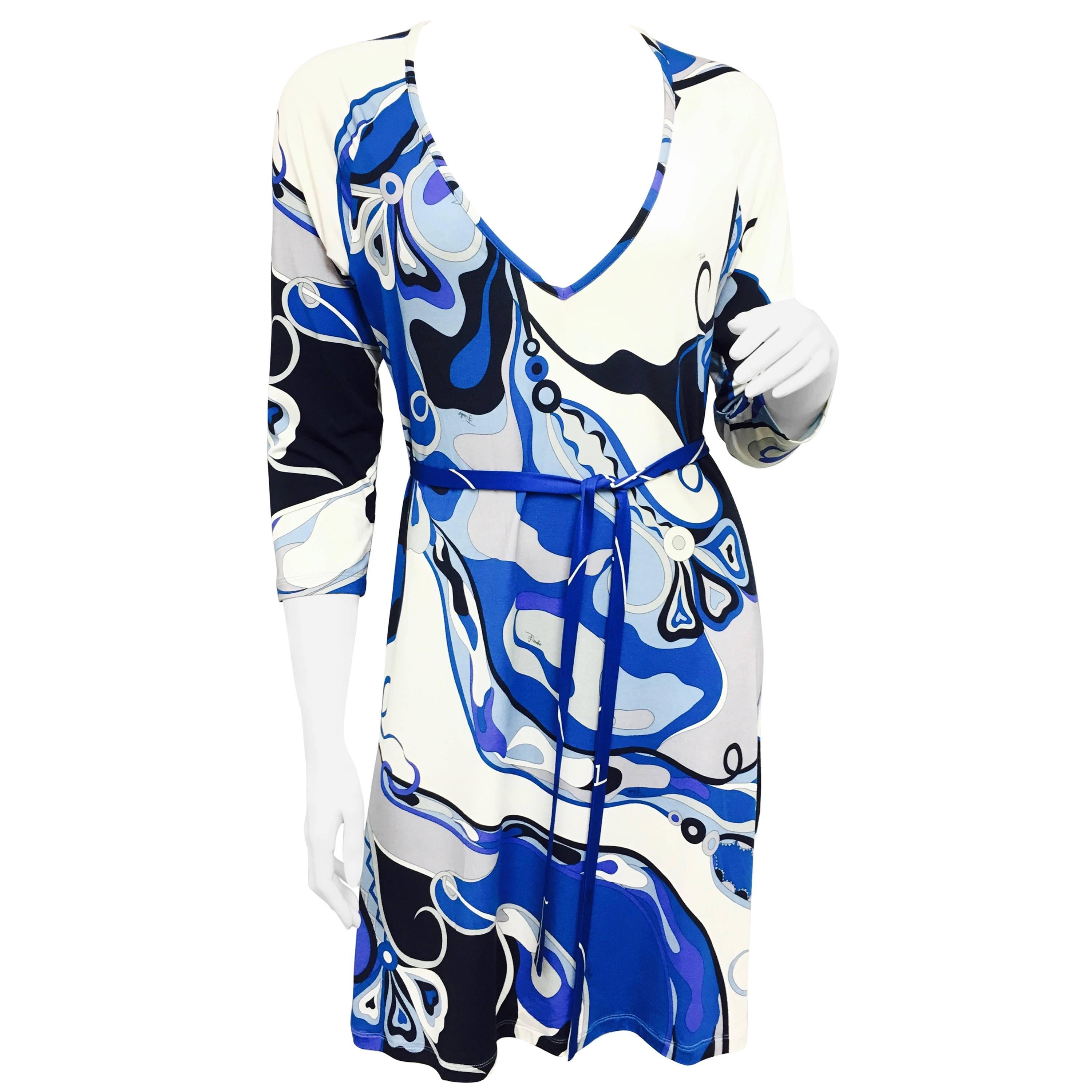 EMILIO PUCCI Italy Blue Print 3/4 Sleeve Bodycon Sheath Dress 46 