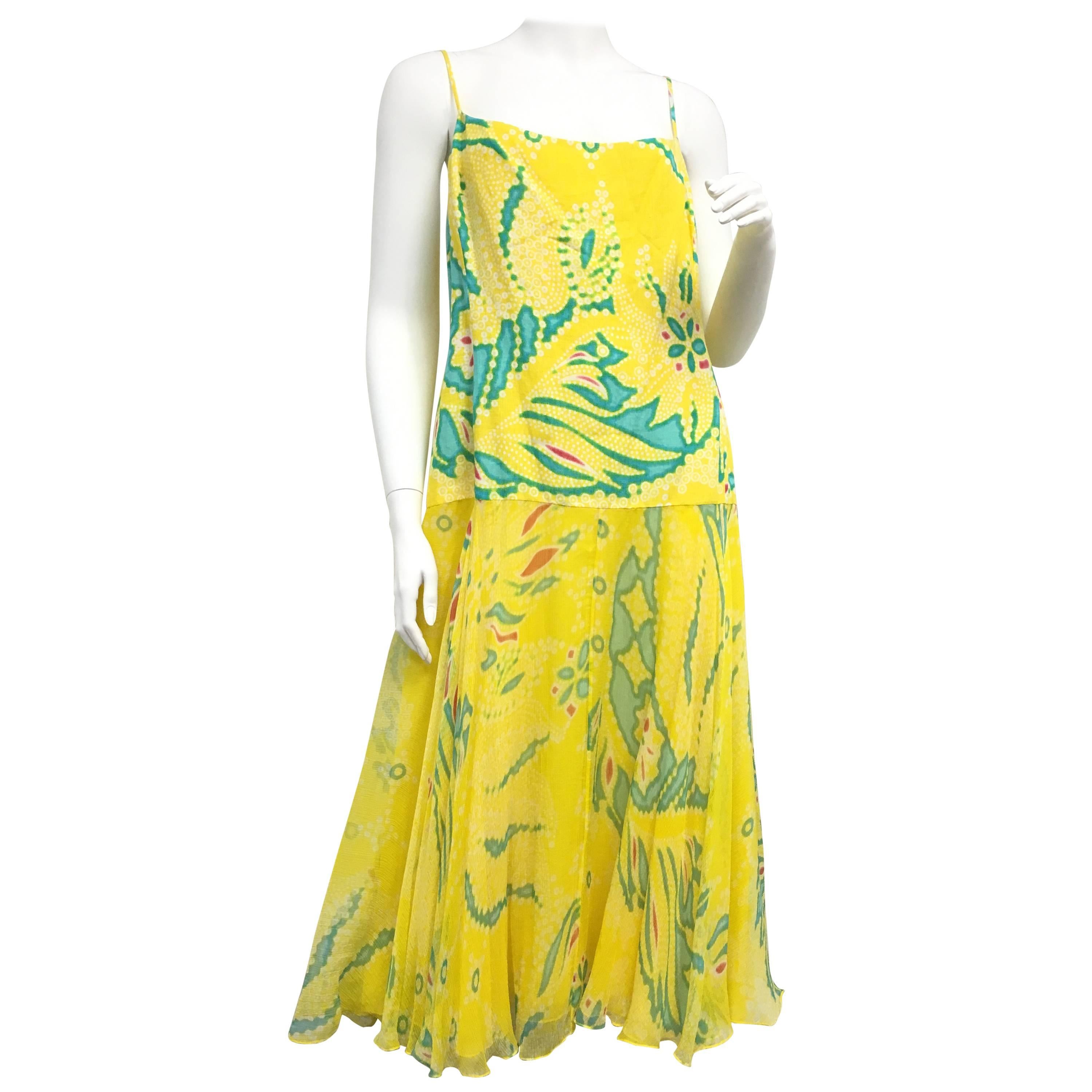 RALPH LAUREN Black Label Yellow Silk Spaghetti Strap Floral Print Summer Dress at 1stDibs