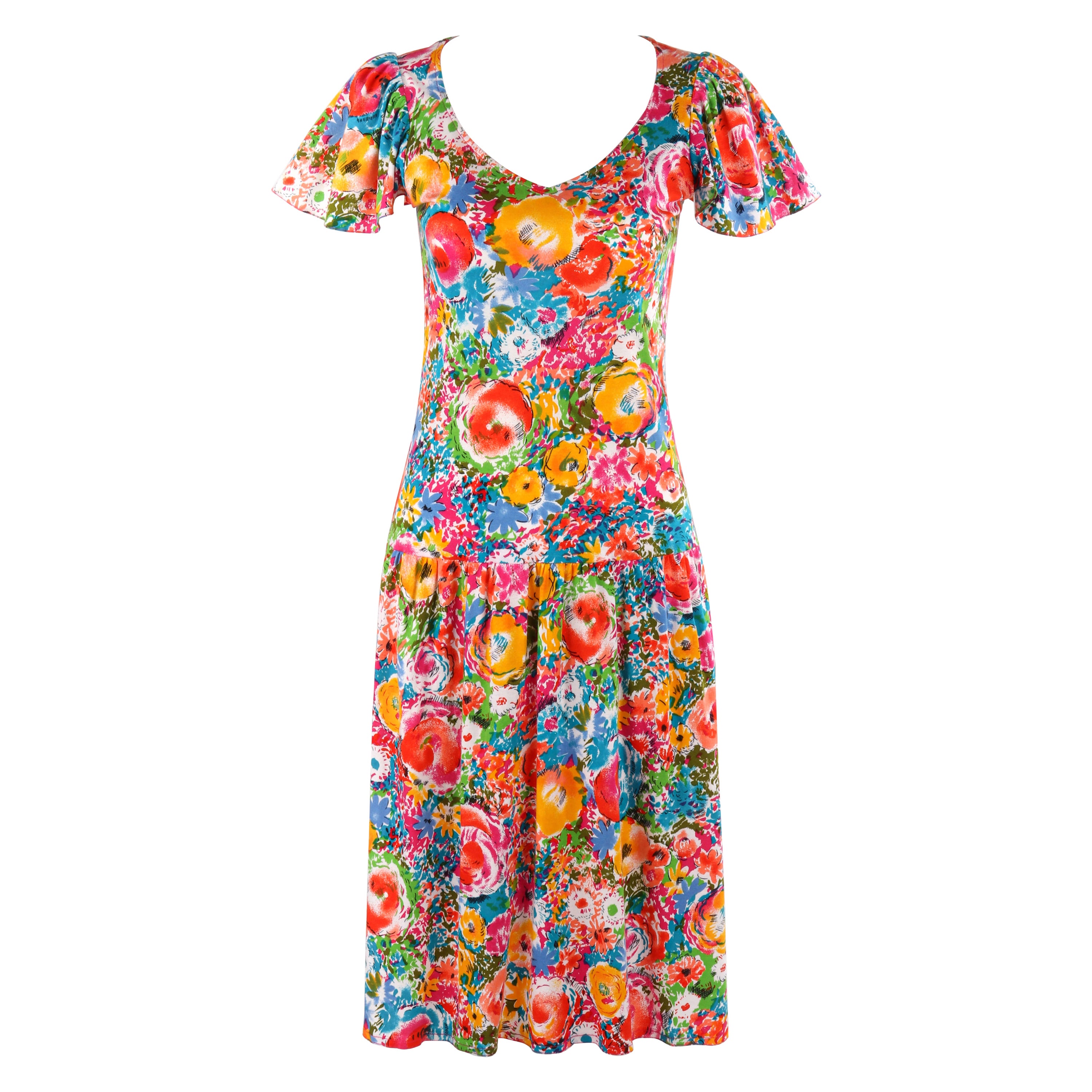 RENEE HELGA HOWIE Robe à manches courtes à imprimé floral multicolore et taille basse, années 1980 en vente