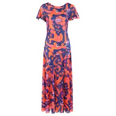 LILLY PULITZER ca. 1970er Jahre Blau-orangefarbenes Kleid mit abstraktem Druck und tiefem Rückenausschnitt