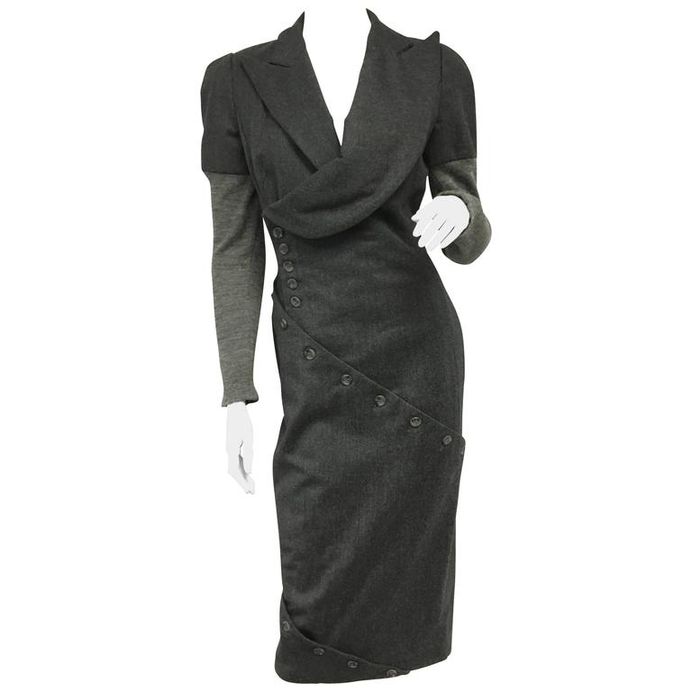 Vintage Alexander Mcqueen Gray Wool Button Dress For Sale at 1stDibs