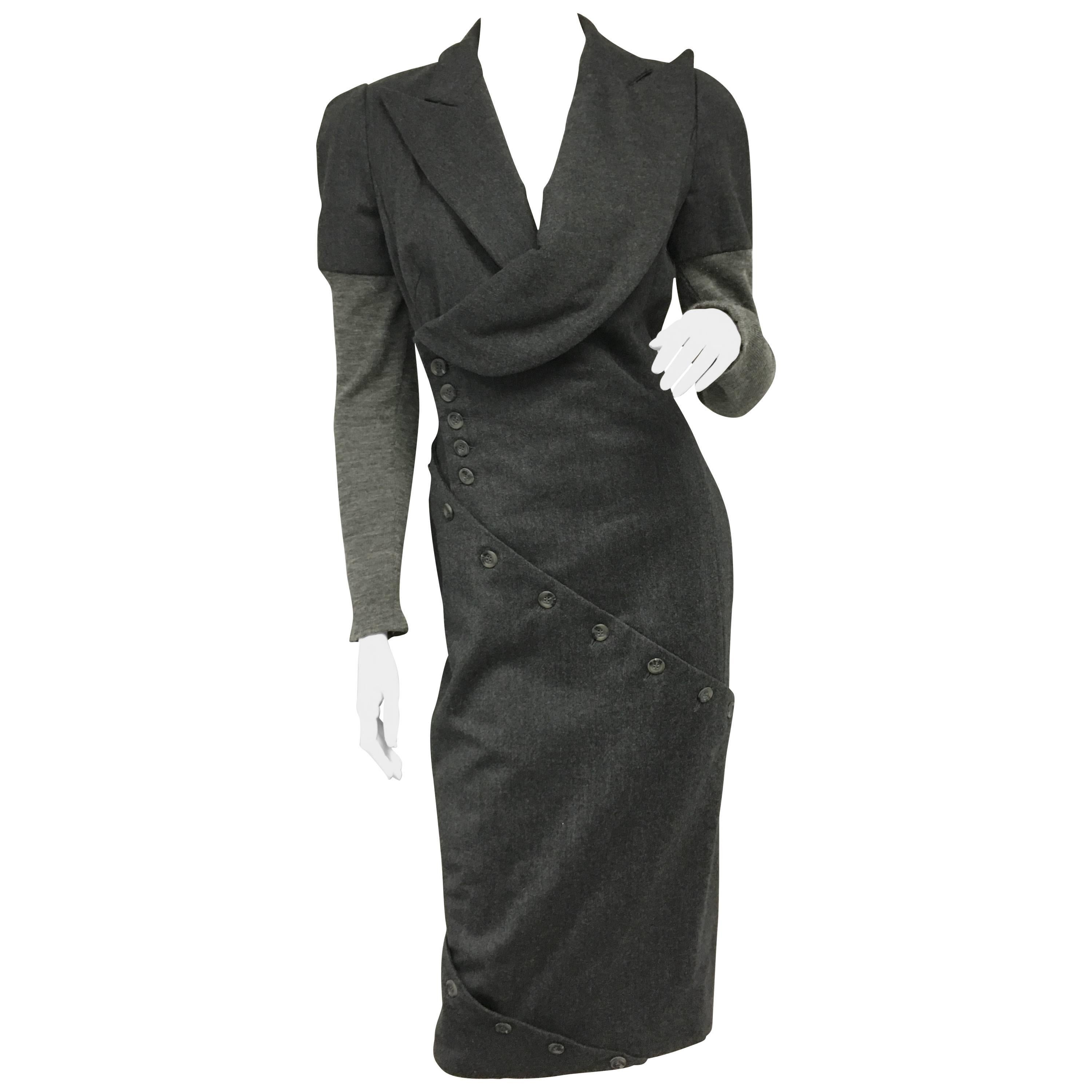 Vintage Alexander Mcqueen Gray Wool Button Dress For Sale