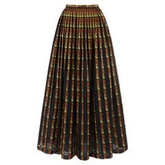 CELINE c.1970's Black Multicolor Floral Vines Print Pleated Maxi Circle Skirt
