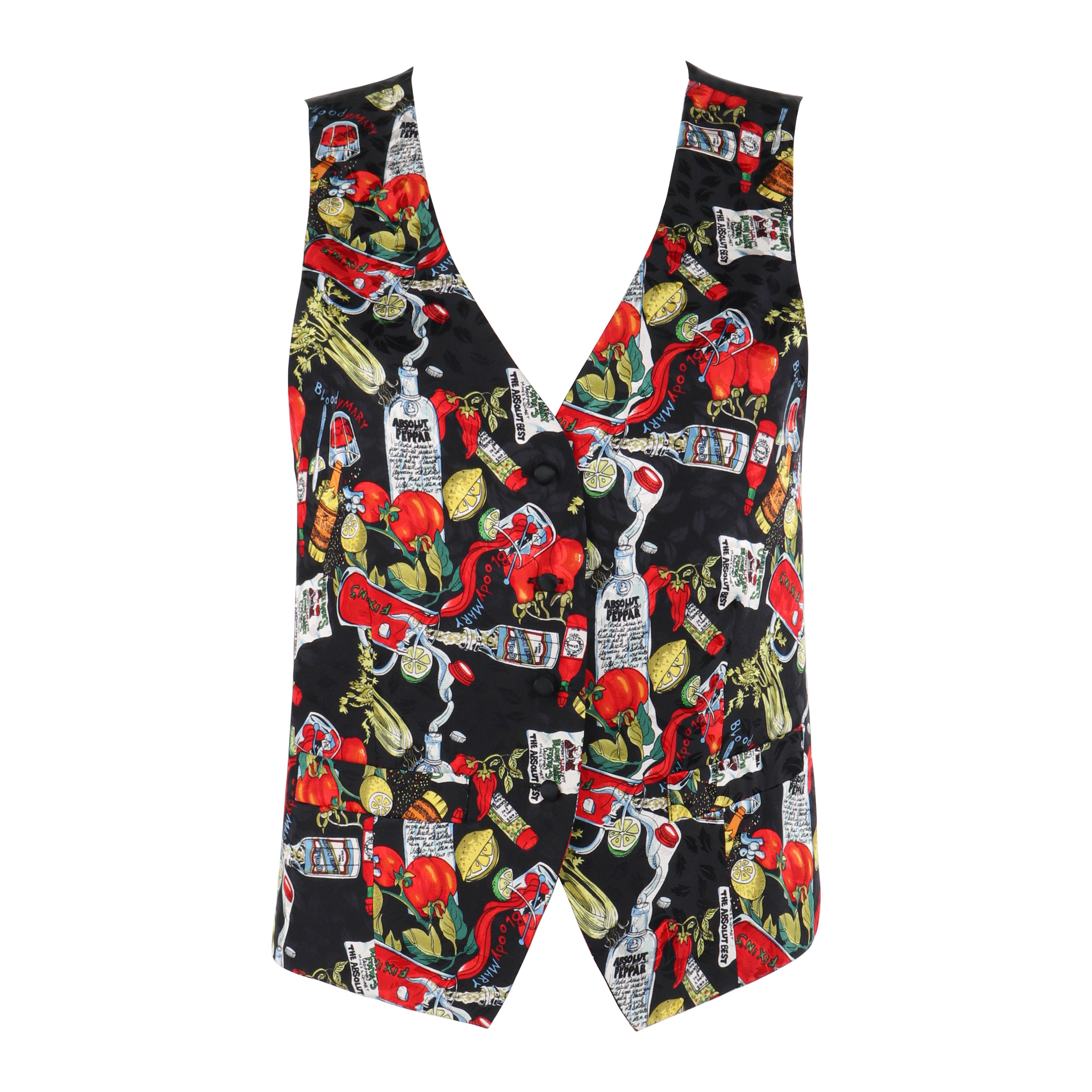 NICOLE MILLER 1992 Absolut Vodka Silk Bloody Mary Drink Pattern Waistcoat Vest For Sale