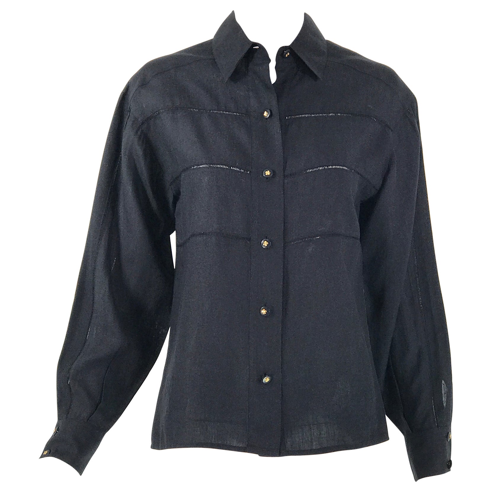 Chanel Black Linen Drawn Work Blouse Clover Buttons