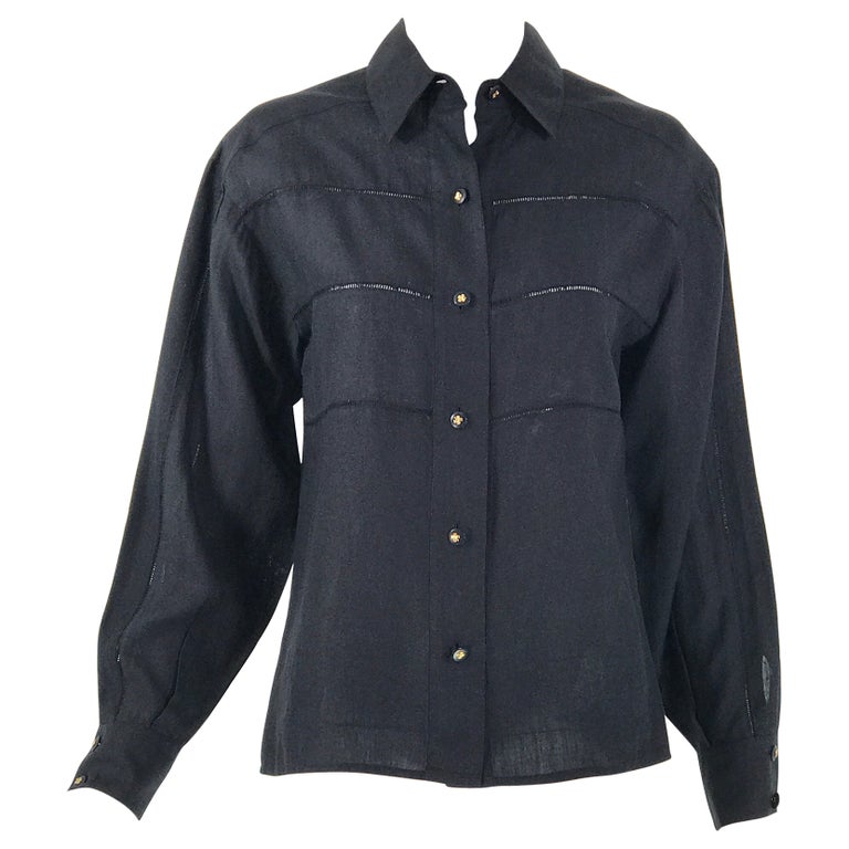 Chanel Black Linen Drawn Work Blouse Clover Buttons For Sale